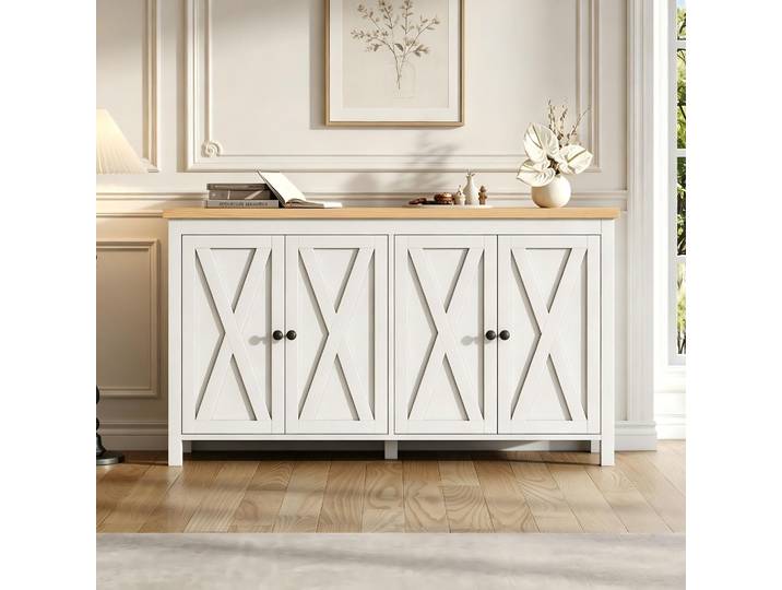 okwish Modernes Sideboard mit Schwarzem und Viel Stauraum, Aufbewahrungsschrank mit Partitionen, Vier-Tür-Design,Weiß