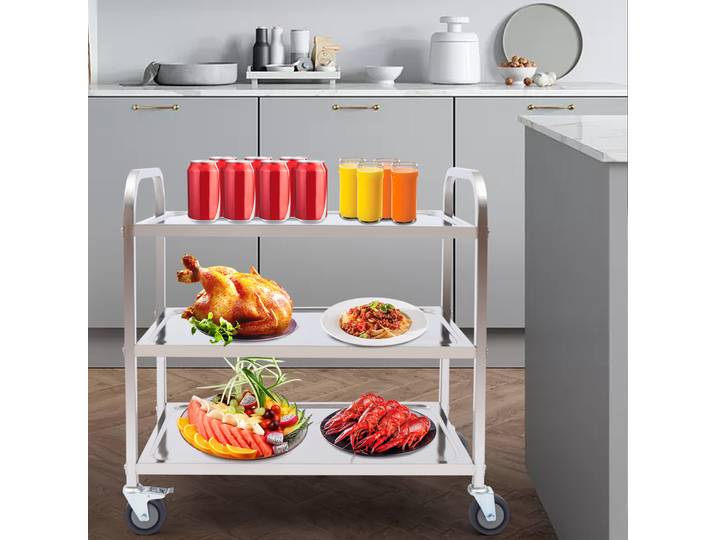 Chariot de service en acier inoxydable, chariot de transport, chariot à roulettes de cuisine, chariot de rangement, support T1, 3 étages