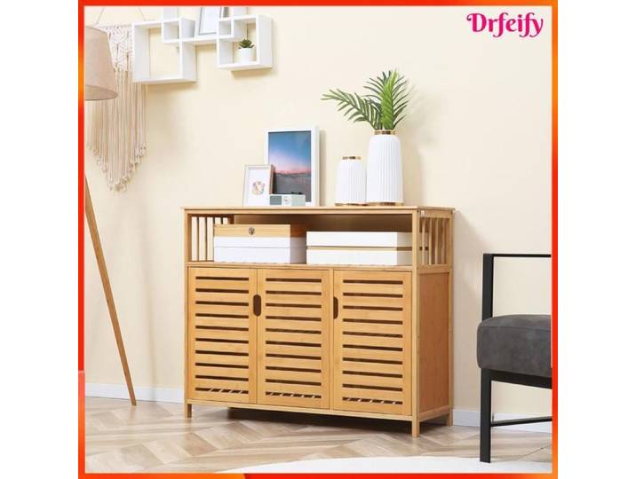 Buffet bas - AKOZON - 8039 - 3 portes ajourées - Bambou naturel - 100x35x82 cm