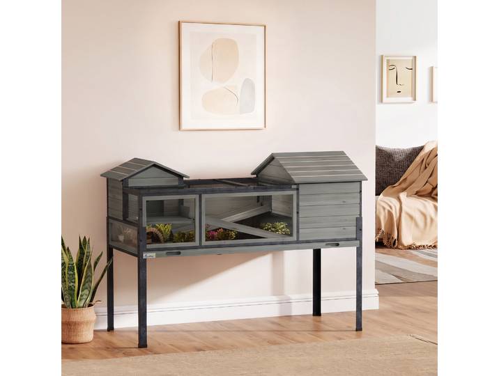 PawHut Maison Tortue 2 Étages Gris 128x63x96cm Toit Ouvrable