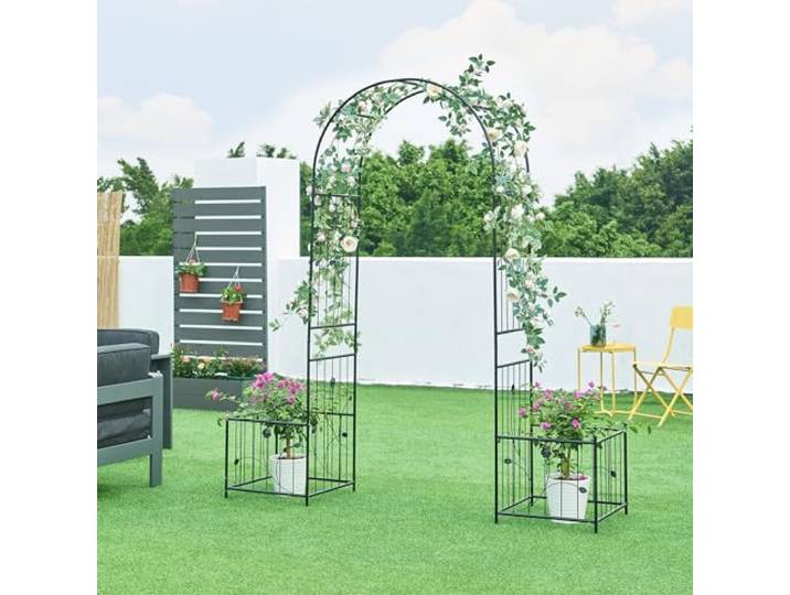 casa.pro Rosenbogen Barisciano mit 2 Pflanzkästen Gartenbogen Metall Schwarz 220 x 202 x 50 cm Spalier mit Blumenkübel Rankgitter Rankhilfe