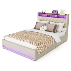 MODFU Gepolstertes Doppelbett 160x200 cm mit LED-Beleuchtung, USB-Anschlüssen, Stauraum – Beige, Modernes Design, Hohe Stabilität, Komfort