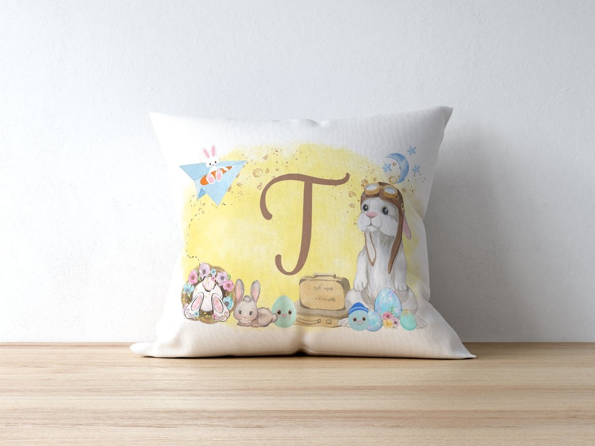 Paashaas Piloot Sierkussen Letter T - Gepersonaliseerde Monogram Kussenhoes - 40 x 40 cm