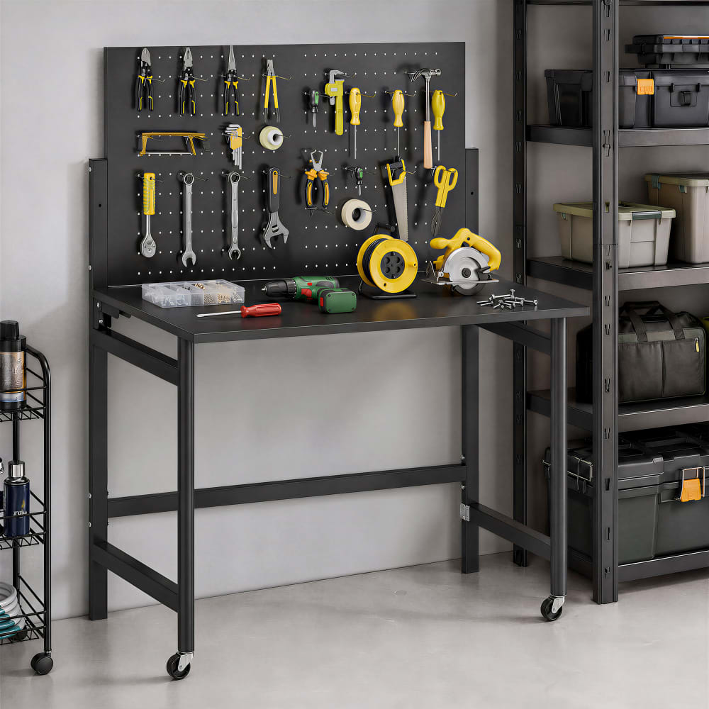 Homcom Établi d'atelier pliable à roulettes avec panneau perforé acier noir Noir 115x144x62cm
