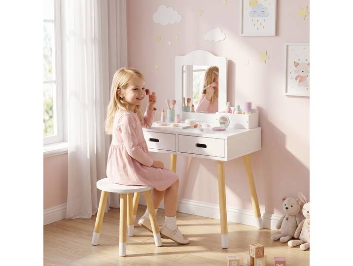 ZONEKIZ Coiffeuse Enfant Blanc/Bois Miroir 2 Tiroirs