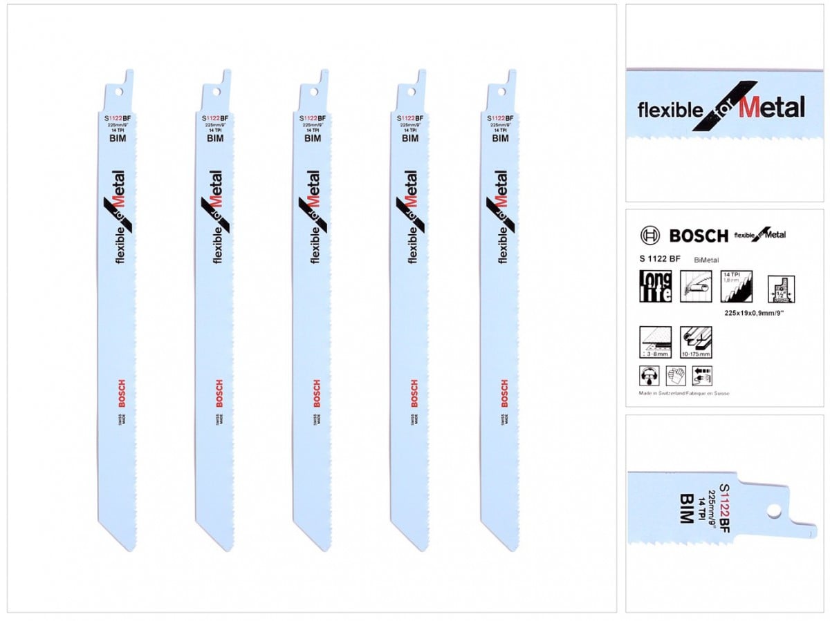 Bosch 5 zaagbladen voor reciprozaag, 225 mm, flexibel voor metaal, type S 1122 BF / S1122BF (2608656019)