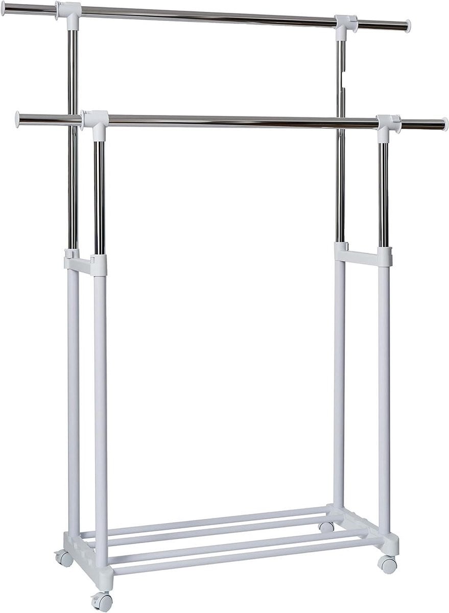 Kledingrek op wielen - Dubbel kledingrek - Verstelbaar en uitschuifbaar - Hoogte: 90-168 cm - Wit/Chroom