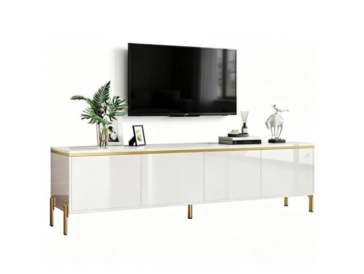 Meuble TV bas brillant 170x38x50 cm avec 4 portes support TV avec espace de rangement passe-câbles meuble TV pour salon blanc