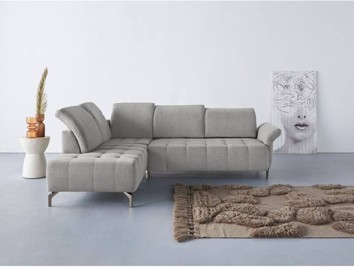 Ecksofa, 100% Polyester, Hellgrau, 260×220 cm, Federkern, Mit Kopfteilverstellung, Inosign