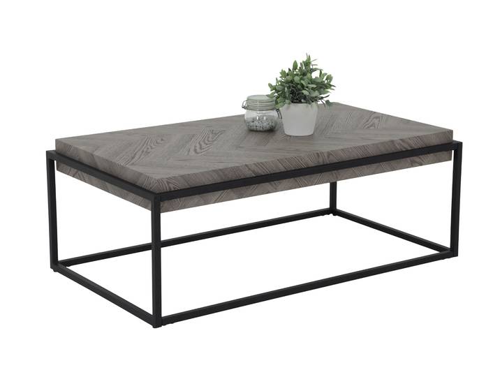 Couchtisch Carlos - Platte 10cm stark - Nachbildung Fischgräte Grau - Metallgestell Schwarz matt - 114x64x42cm