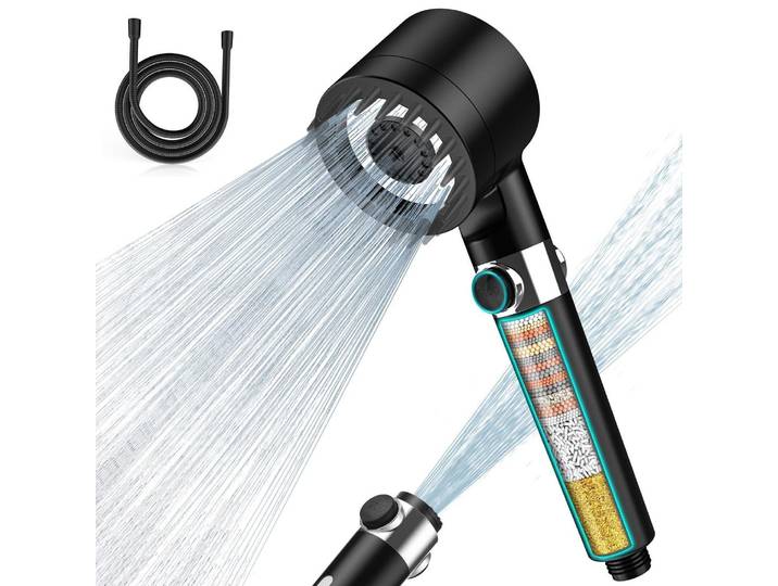 Handbrause mit 15-Schicht-Filter Schwarz 1,5m Schlauch 3 Strahlarten Wassersparend