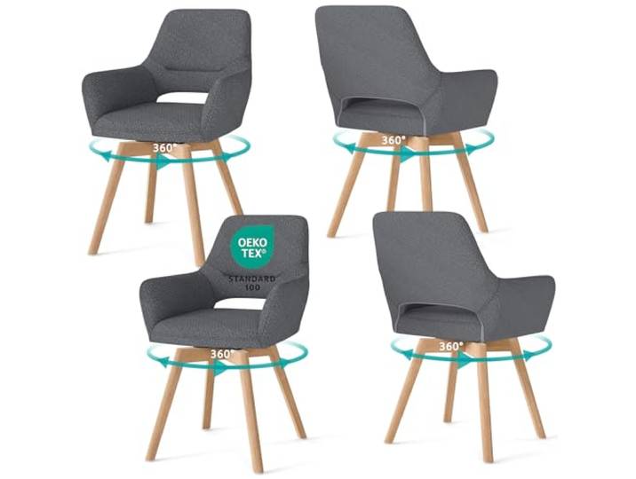 WAFTING 360° Esszimmerstühle Drehbar 4er Set mit Armlehnen, Buchenbeinen Polsterstühle, Drehstuhl Esszimmer, Küchenstuhl Drehbar, für Wohnzimmer, Schlafzimmer, Arbeitszimmer, Dunkelgrau