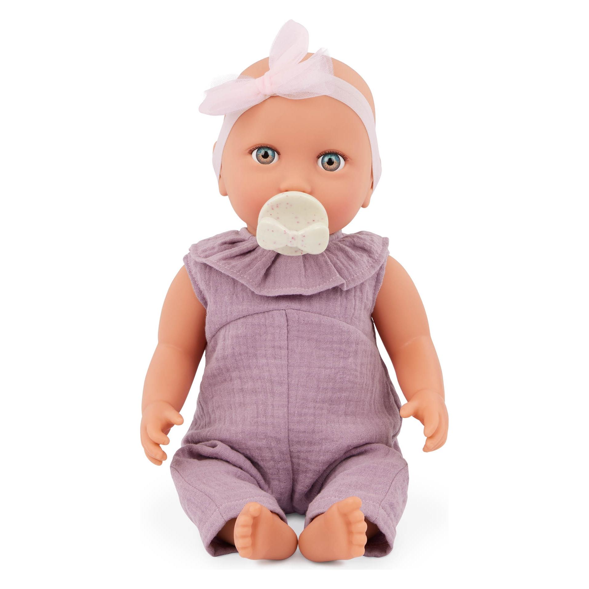 Volare LULLABABY Panenka 35 cm v overalu s čelenkou Lila / od 2 let (LBY7295ZLL)