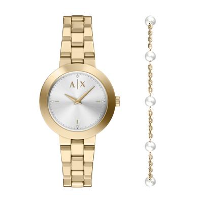 Quarzuhr ARMANI EXCHANGE, gold (gelbgoldfarben, silberfarben), Armbanduhren, Damen, gelbgoldfarben, Quarzuhr, Armbanduhr, Damenuhr, Edelstahlarmband, Ideal auch als Geschenk