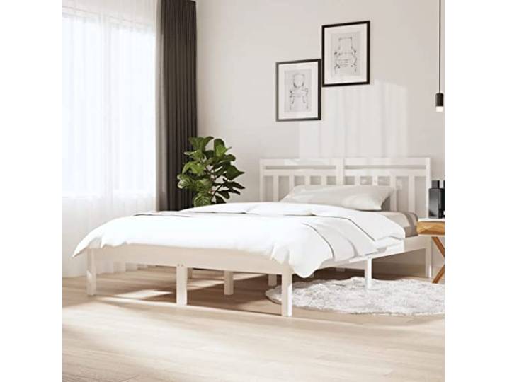 YNGBHFNOP Massives Kiefernholz Zeitloses Design Bettrahmen Weiß 150x200 cm Massivholzbett Weiß 150x200 cm mit Kopfteil Kiefernholz Bettgestell Stabil Modernes Design