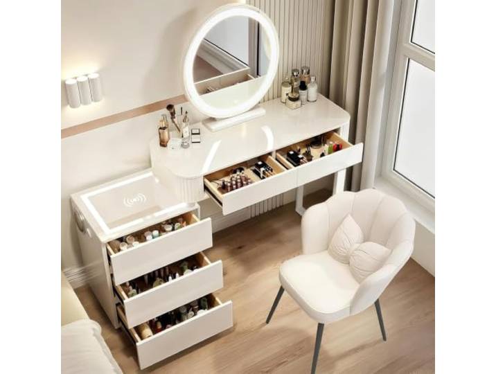 MJKCBD 100cm Schminktisch mit Spiegel (3 Lichtfarben), Stuhl & 40cm Schrank Luxuriöser Mädchen Frisiertisch mit 5 Großen Schubladen, Weißer Vanity Desk/Schreibtisch für Schlafzimmer, Einfache Montage