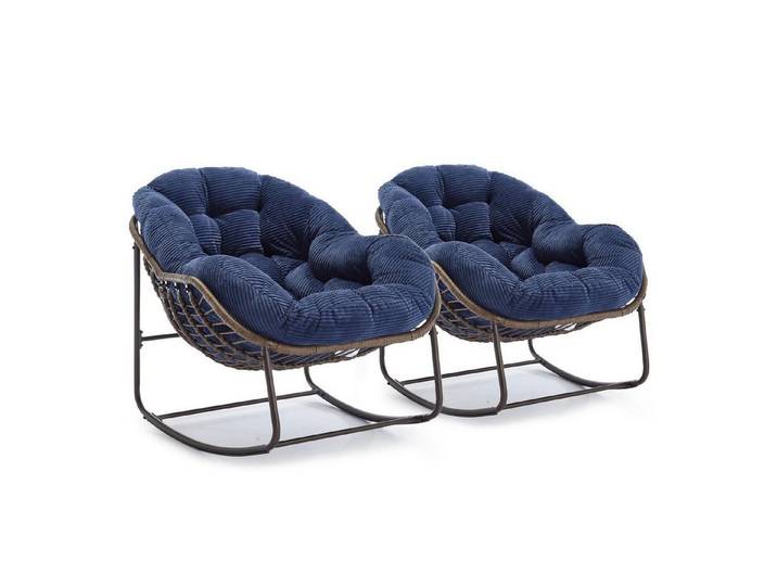 LuxusKollektion Schaukelstuhl Schaukelstuhl Set Papasan Ei Veranda Garten Terrasse Blau 2 Stück