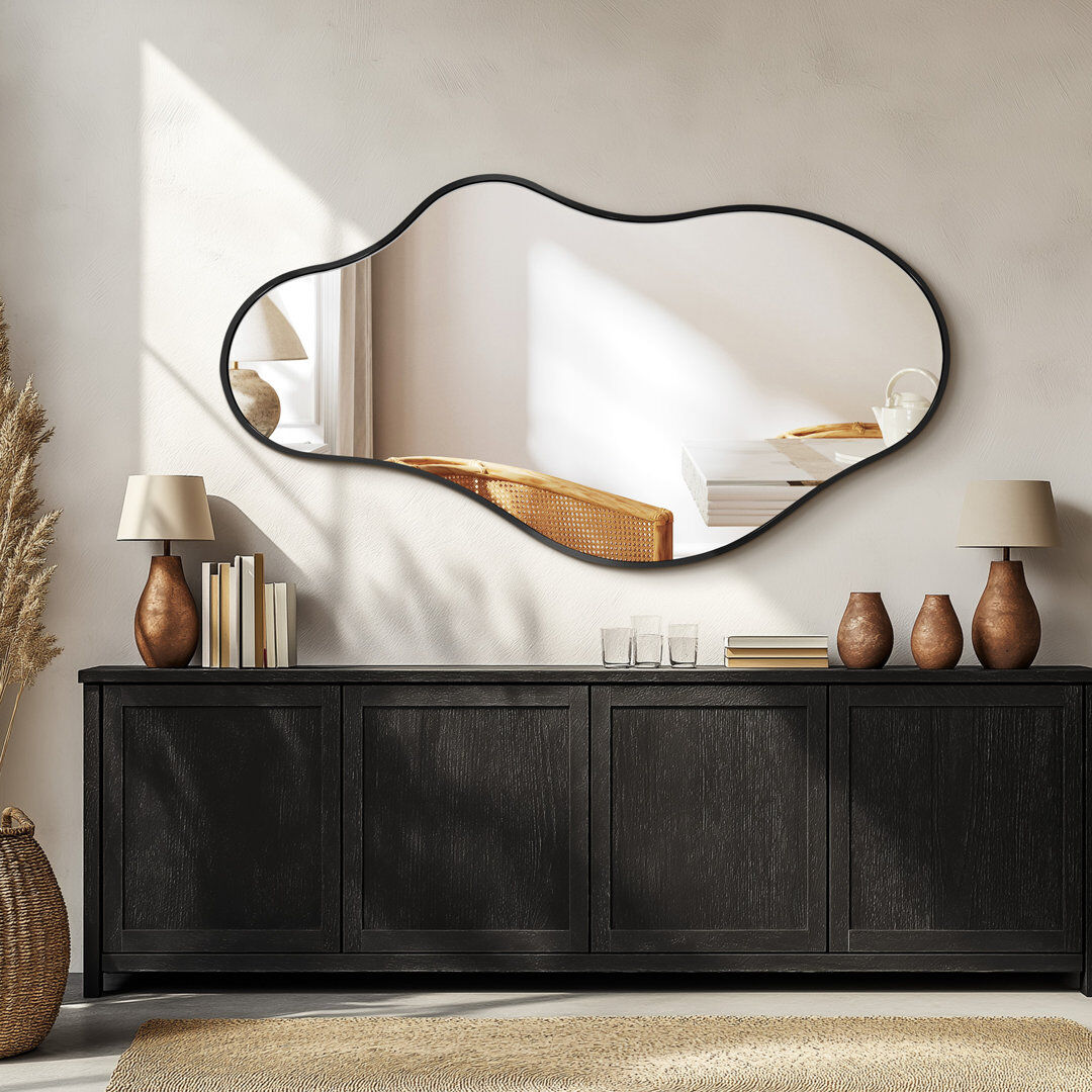 Fairmont Park Irregular Metal Framed Wall Mirror, Asymmetrical Mirrors for Bathroom Black 55 cm H x 100 cm W