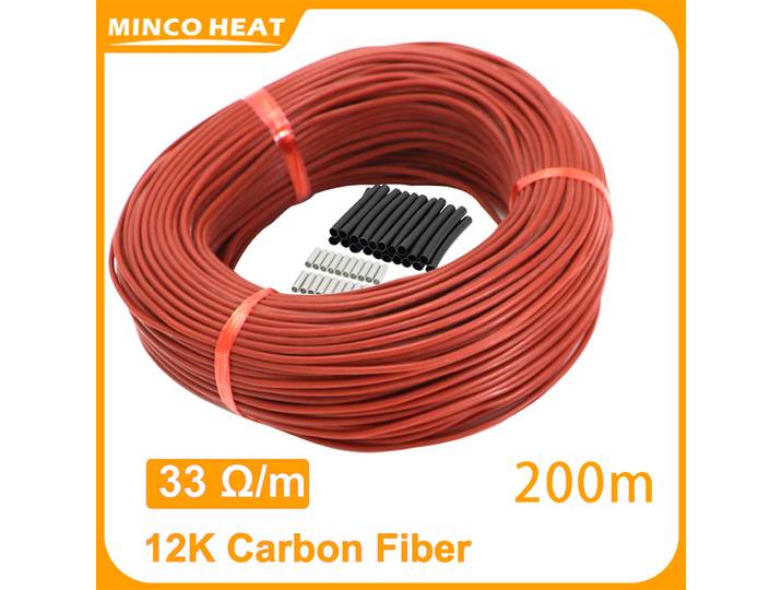 Câble chauffant infrarouge en fibre de carbone rouge Minco Heat 12K 33 Ohm/m, kits de chauffage par le sol, un rouleau de 200 mètres