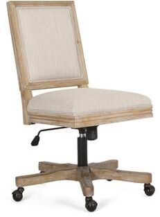 Benjara Swivel Rolling Office Chair, Beige Fabric, Weathered Light Brown Wood