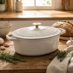 Ovaler Bräter Ø30cm Gusseisen Schmortopf, induktionsgeeignet: Eleganter Brattopf & Kasserolle zum Schmoren, Braten & Backen, Creme