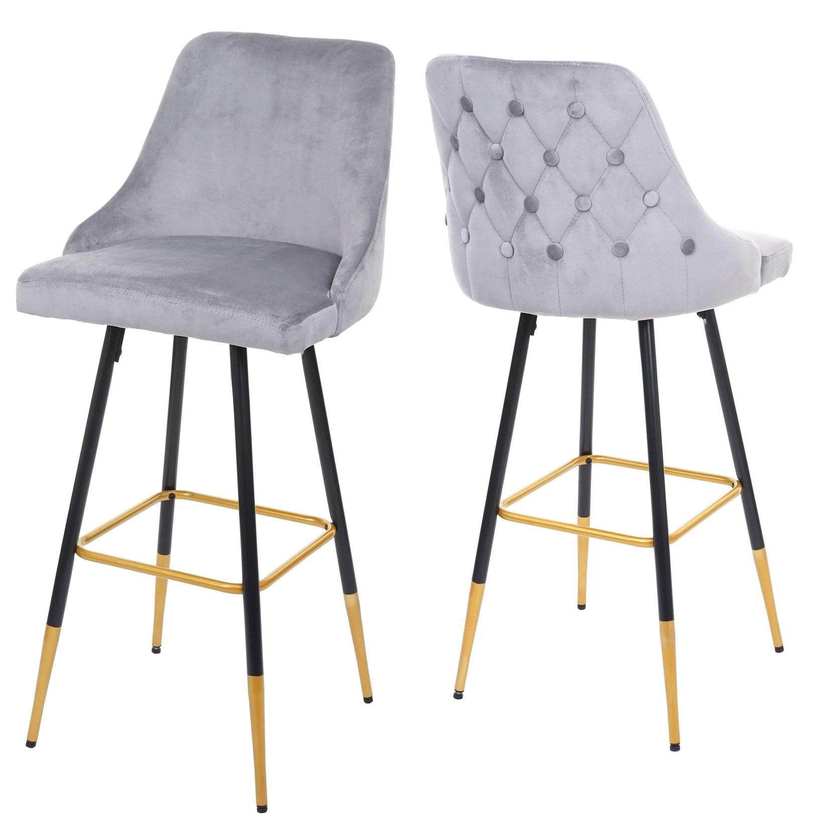 2er-Set Barhocker MCW-E70, Barstuhl Tresenhocker, Retro Design Samt goldene Streben/Füße ~ grau