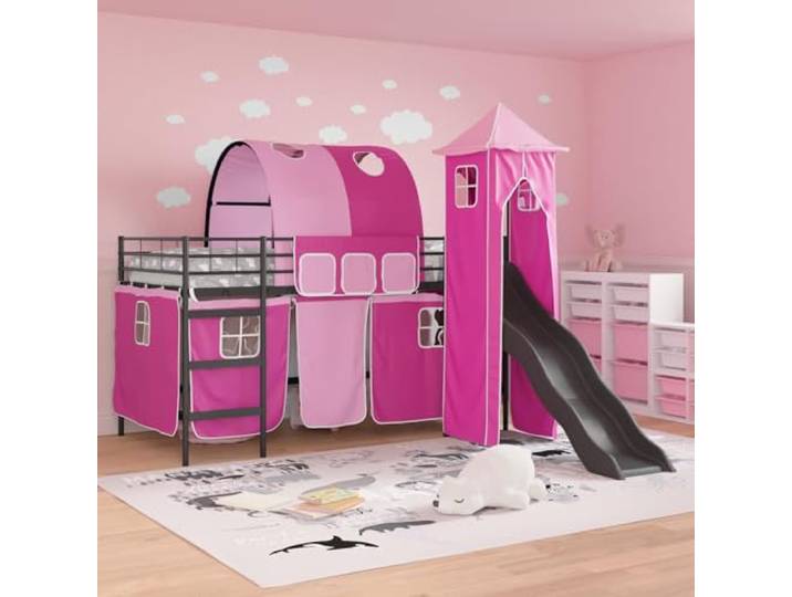 KTHLBRH Bett Loft aus Metall, 80 x 200 cm, Schwarz und Rosa Atmungsaktive Netzvorhänge, faltbar, multifunktionales Design, nur für den Innenbereich