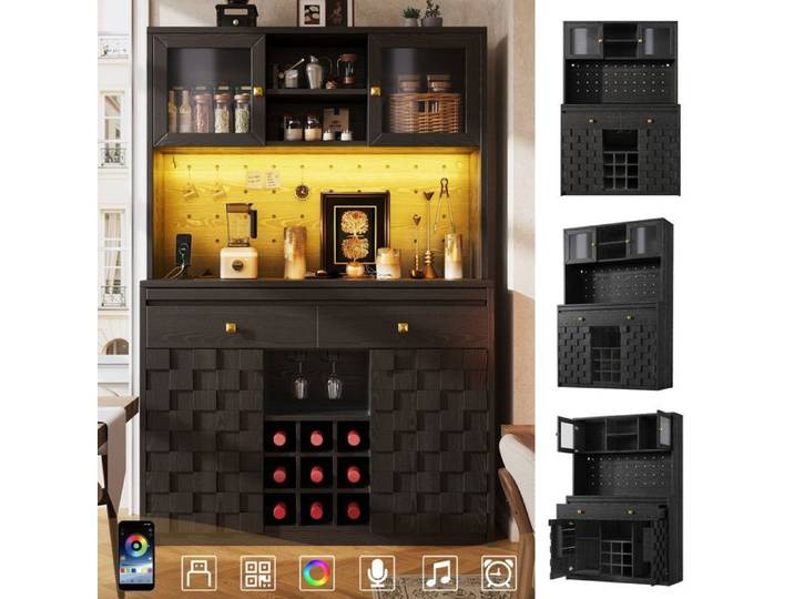 Buffet 120x40x178cm Noir Acrylique LED - Buffet Haut - Prises USB Range-Bouteilles Panneau Perforé MDF Cuisine Moderne