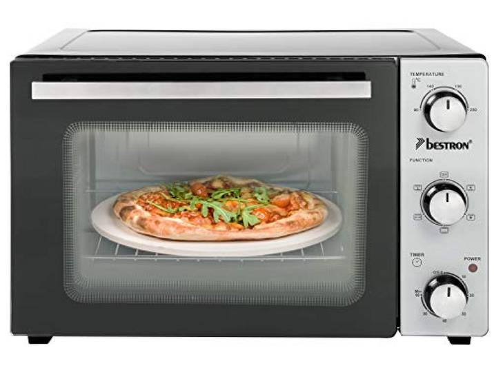 Bestron AOV31PS Kompakter Mini-Backofen mit Drehspieß und Pizzastein, 31 Liter, 1500 Watt, Edelstahl, Edelstalh