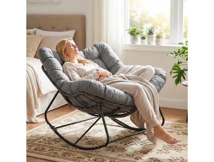 Fauteuil à bascule en rotin Chaise à bascule Chaise Longue pour jardin avec rembourrage épais amovible-Gris