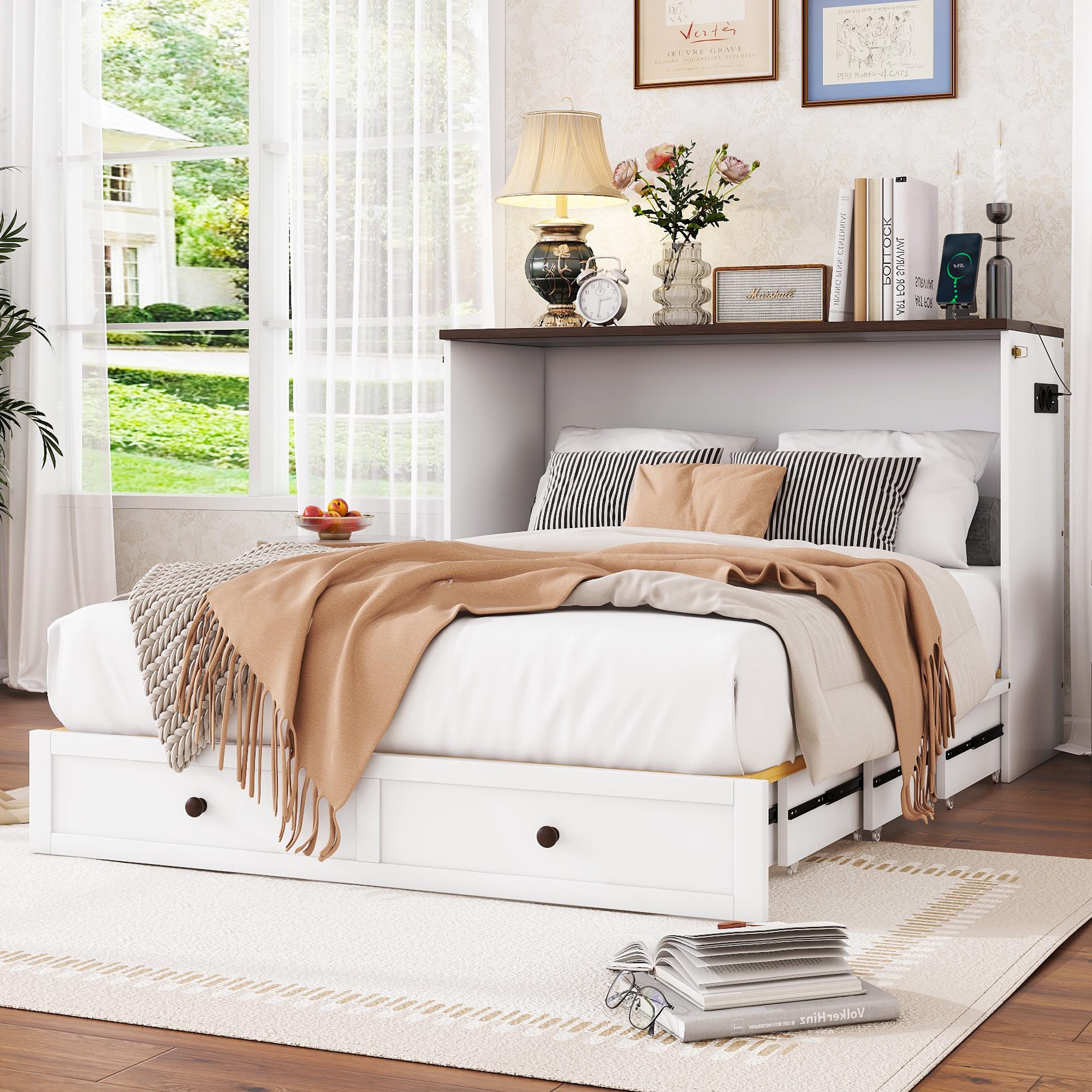 Schrankbett 140 x 200 cm, umbaubares Plattformbett mit Schublade, Kopfteil-Regal, USB und Steckdose, mobiles Design, Weiß