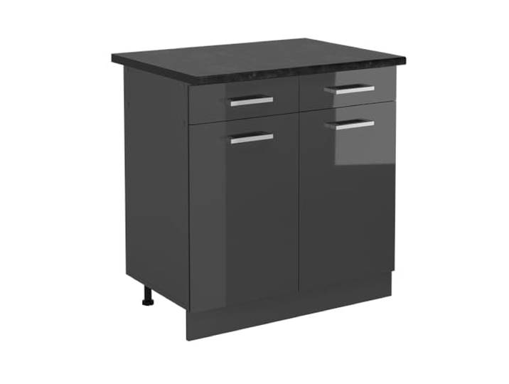Vicco Küchenunterschrank R-Line, Anthrazit Hochglanz, 80 cm 2 Schubladen · Arbeitsplatte Anthrazit · Höhenverst. Füße · 2 Türen · Leichter Zugriff