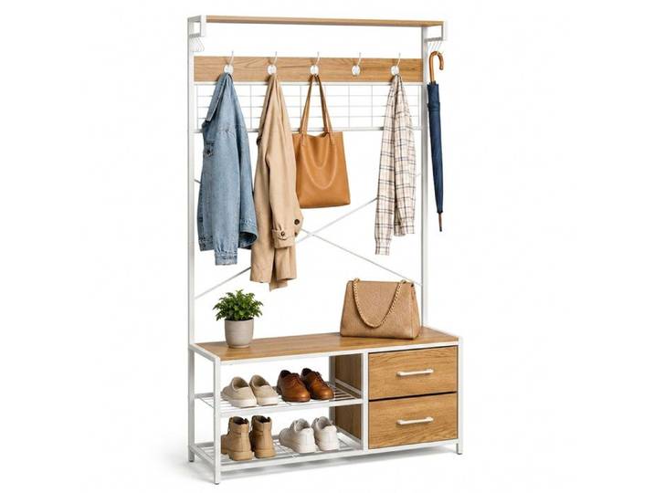 Relaxdays porte-manteau avec banc à chaussures 2 tiroirs & crochets pour couloir/entrée aspect bois blanc