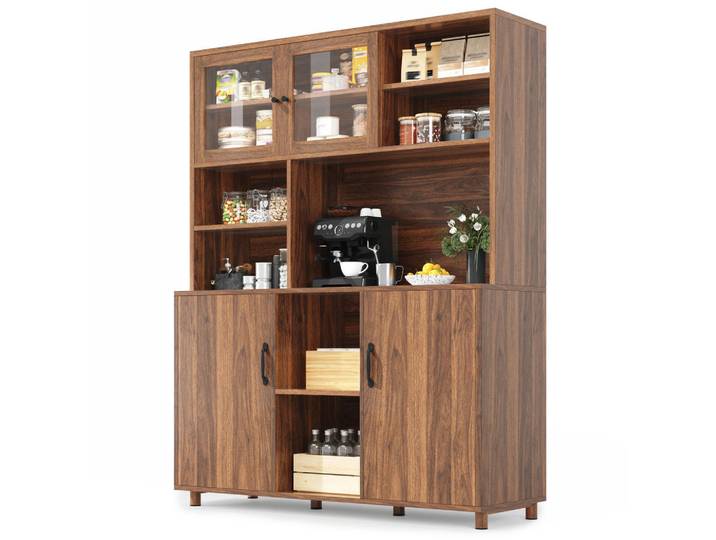 Modfu Anrichte aus MDF und Glas 140x40x185 cm Walnussbraun mit LED-Beleuchtung, USB-Anschluss und Schiebetüren, Braun, 140x185x40 cm, Esszimmer, Anrichten, Buffetschränke