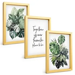 BILDER SET 3er Set - 20x30 cm Goldrahmen - Grüne Blätter tropischer Pflanzen