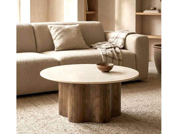 Maison ESTO Couchtisch Wohnzimmertisch OLIVIA Ø 80 cm Botticino-Marmor Beige Mangoholz Braun, Maße: Ø 80 cm, Höhe 35 cm - Naturstein