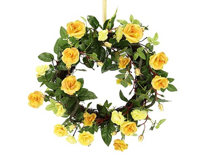 Flair Flower Kranz Rosen Rosenkranz Türkranz Wandkranz Blütenkranz Blumenkranz dekoriert Wanddeko Blüten Deko Künstliche Blume Haustür Geschenk Hochzeit Rosenblüten, Gelb, 8x32x32 cm, 088974G