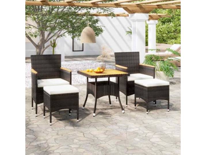 Résine tressée avec protection UV Jardin repas 5 pièces Noir 80x80x75cm Ensemble à manger de jardin 5 pièces résine tressée acacia noir table salon extérieur avec coussins repose-pieds