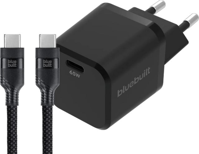 BlueBuilt 65W GaN USB-C Oplader Zwart inclusief 240W USB-C Nylon Kabel 2m Zwart