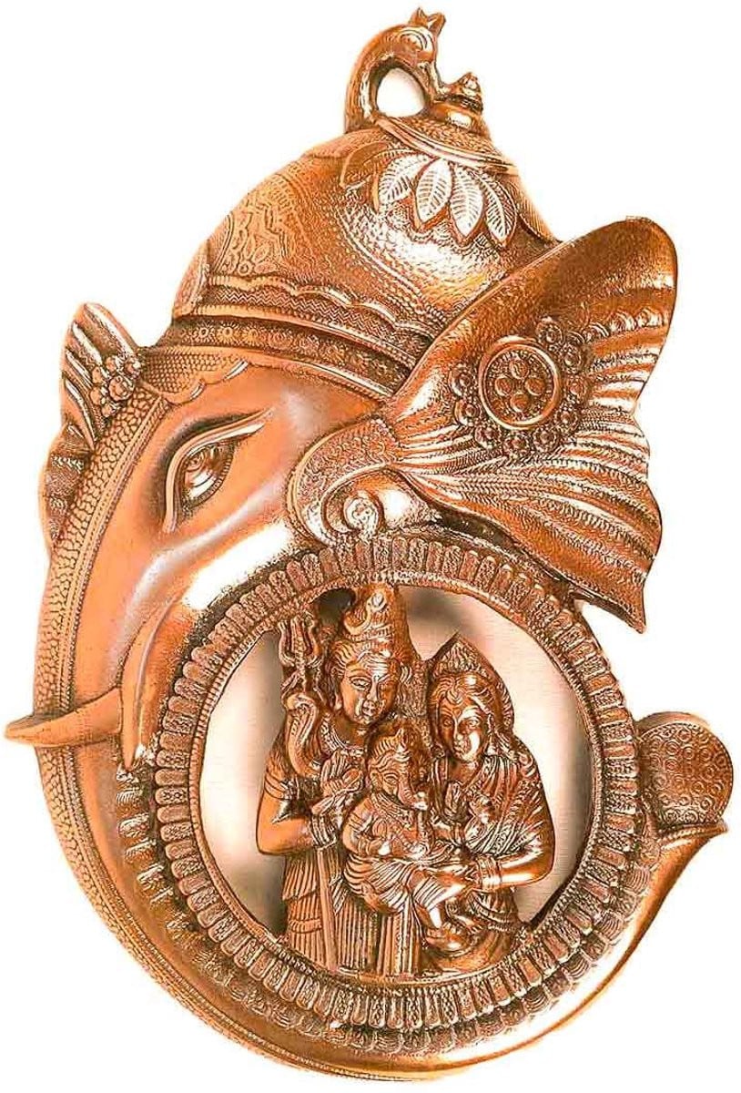 N3 Collecties Antieke koperen wanddecoratie met Ganesha, Shiva en Parvati, 40 cm