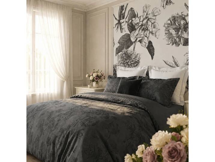 Ensemble housse de couette et 2 taies d'oreiller - 100 % satin de coton 80 fils/cm² - Flore - noir / gris