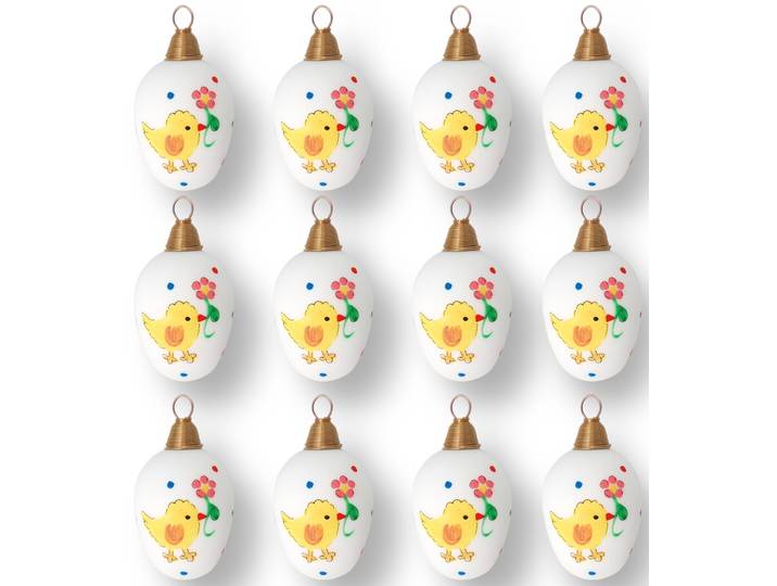 Osterei KREBS GLAS LAUSCHA Küken mit Blume, Osterdekoration, Frühling , bunt (weiß, gelb, grün, rot, blau), H:7cm Ø:3,5cm, Glas, Dekofiguren, Osterei, Mundgeblasenes und handbemaltes Glas, Made in Germany