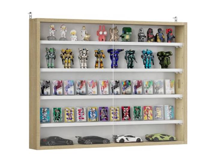 HOMCOM Vitrine pour Collection 4 Étagères\, 80x9\,5x60cm Chêne Vitrine Murale\, Étagères Réglables\, 2 Portes Coulissantes en Verre\, pour Collection de Figurines et Voitures Miniatures