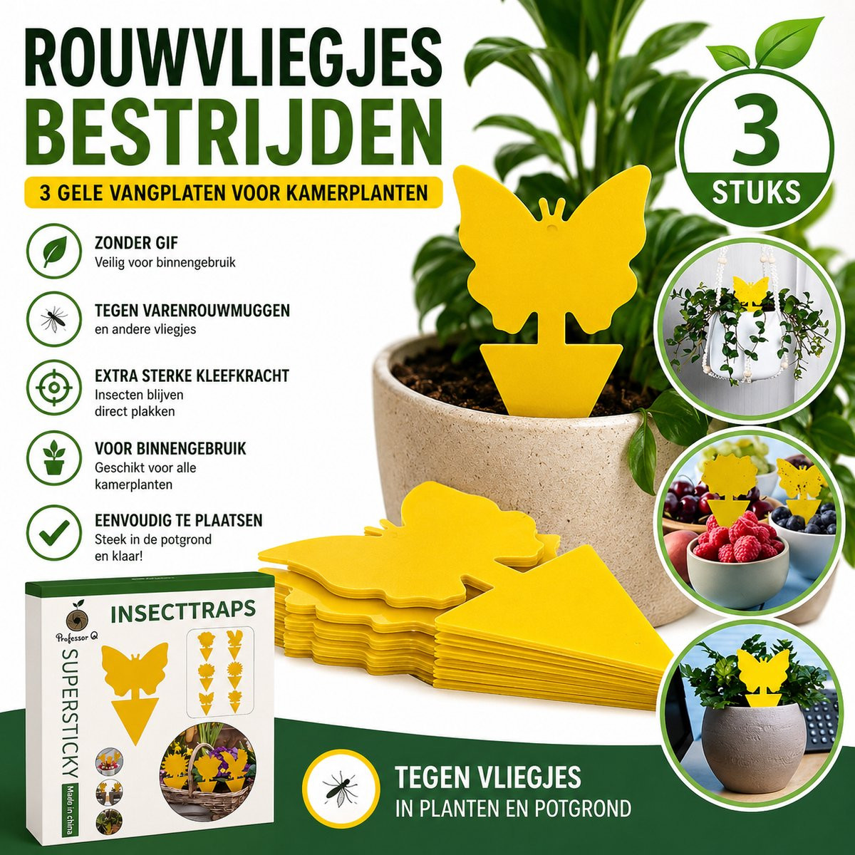 3x Gele Vangplaten tegen Rouwvliegjes, Varenrouwmug en Fruitvliegjes voor Kamerplanten