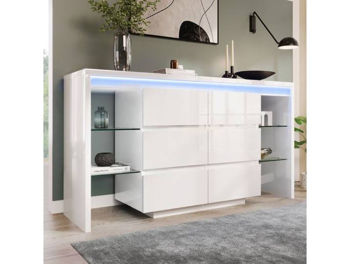 VUENOR Commode sideboard blanche brillante avec LED intelligente 6 tiroirs et 4 étagères en verre 155 x 40 x 80 cm