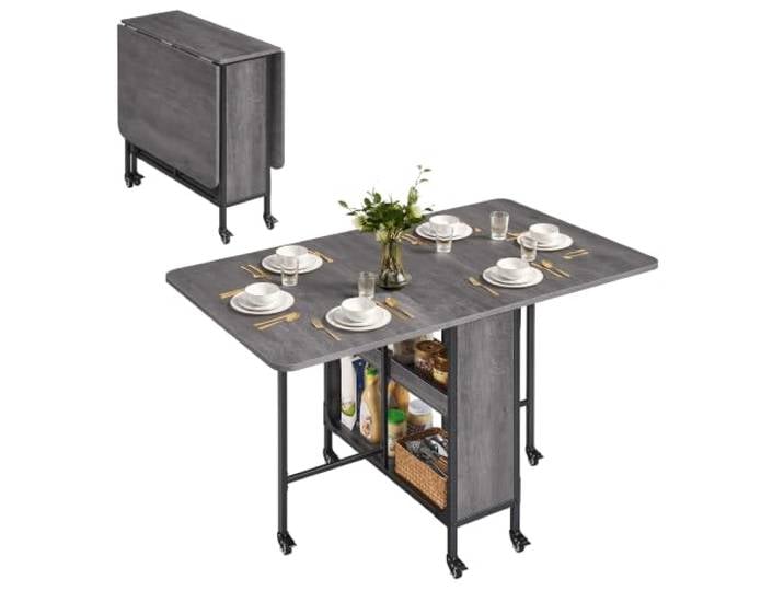 VASAGLE Esstisch, Klappbar, Platzsparend, mit Rollen Tisch Küche Klein, 130 x 75 x 75 cm, 2 Ablagen, Rauchgrau, Barnet Kollektion, KDT888G101