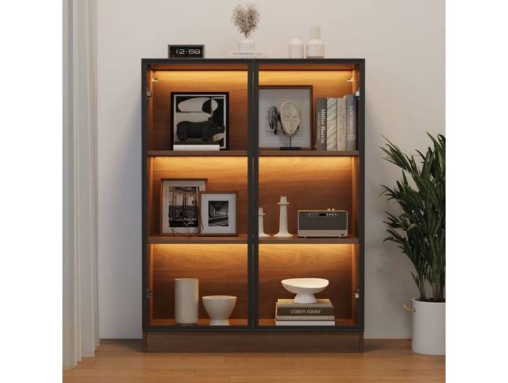 Vitrine P 32/H 106/L 80 cm éclairée LED vitrine en verre finition naturelle vitrine multifonctionnelle sur pied à 3 VITRINE