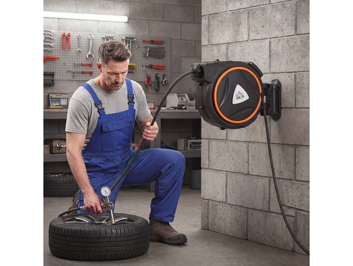 HOMCOM Enrouleur Automatique 20m Murale Pivotant 180° Noir Orange