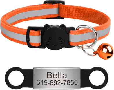 Inspire Picks Personalized Reflective Cat Collar With Engraved ID Nameplate & Bell orange 88