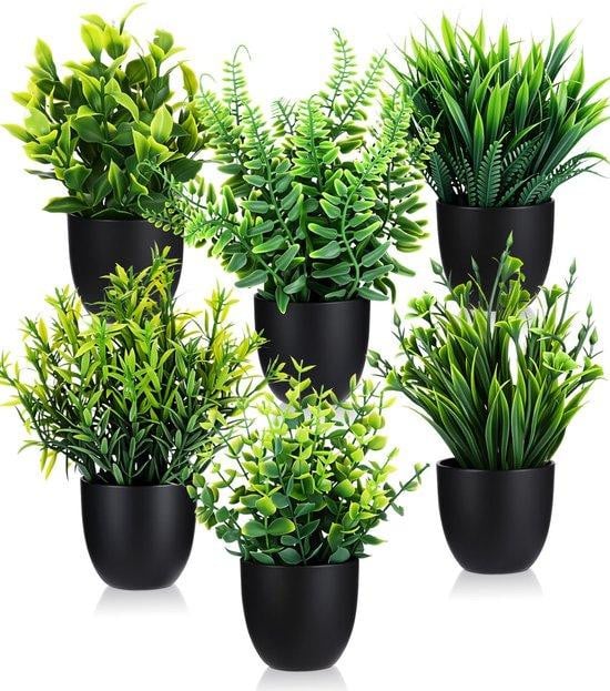 Unyqoos Set van 6 Kunstplanten met zwarte potten, Groen